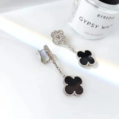 [Eterna Jewels]CLOVER 2 MOTIFS  DIAMOND ONYX EARRINGS SILVER